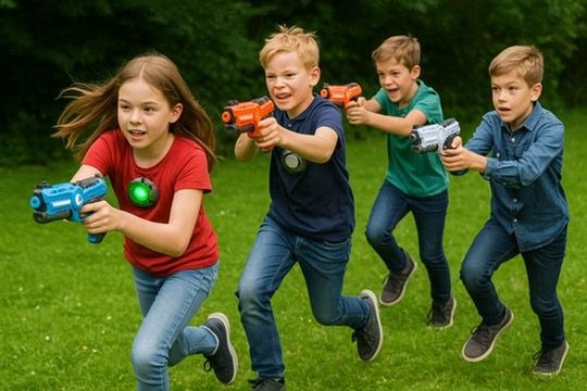 Kinderen spelen lasergame in de achtertuin